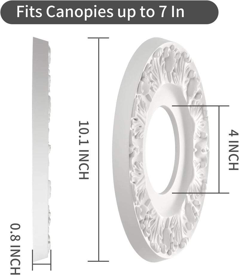 ELFCAB 2 Pcs Vintage Carved Flower Ceiling Medallion for Light Fixtures and Ceiling Fans (10-1/8"OD X 4"ID White) - Image 2